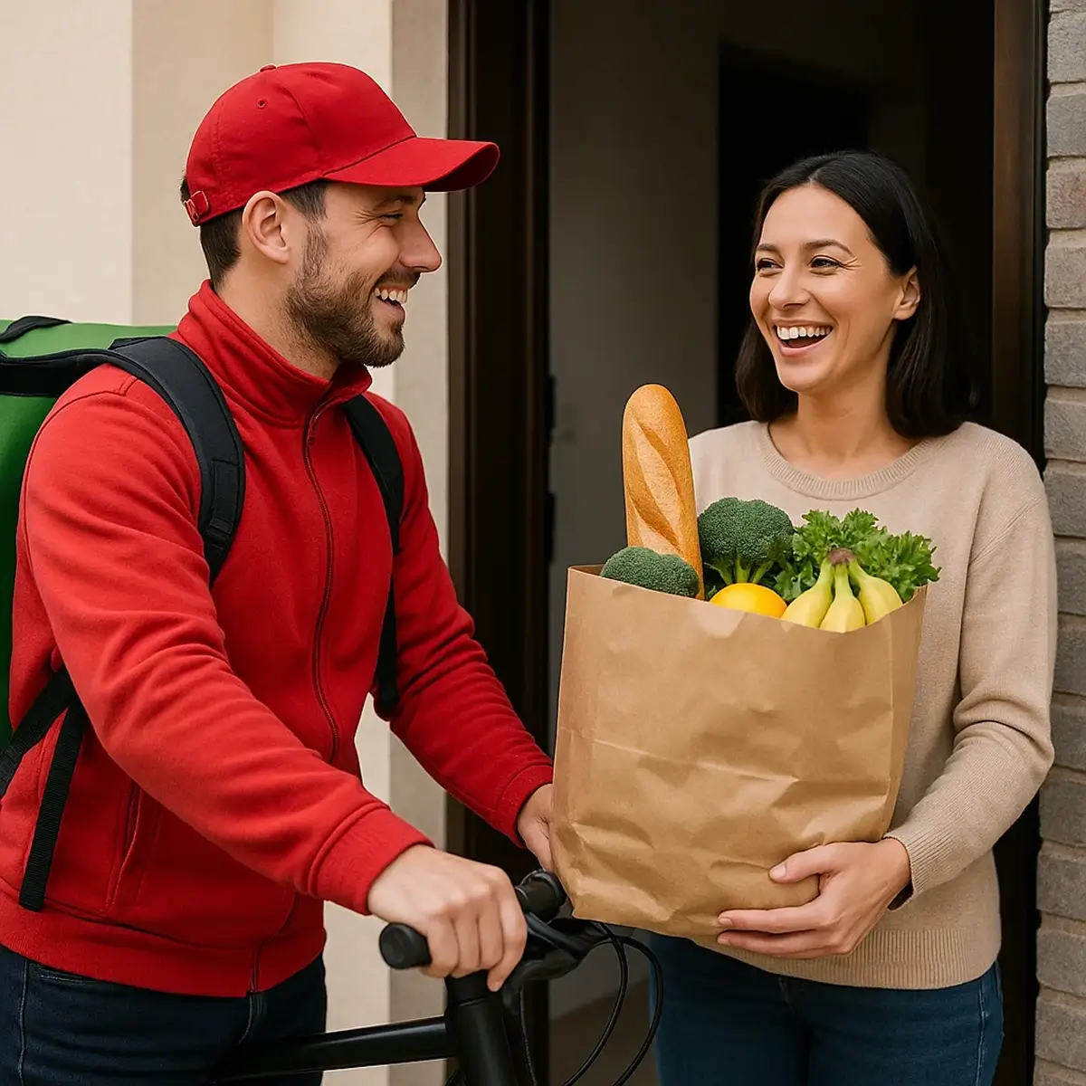 Delivery person handing grocery bag to customer