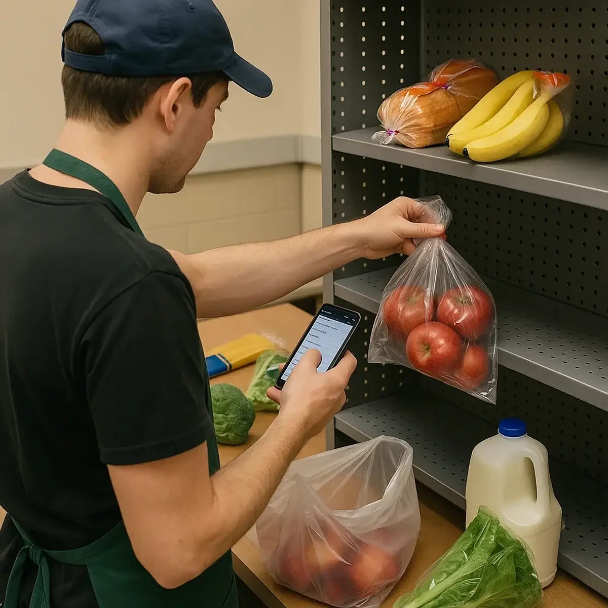 Employee bagging produce while looking at smartphone app