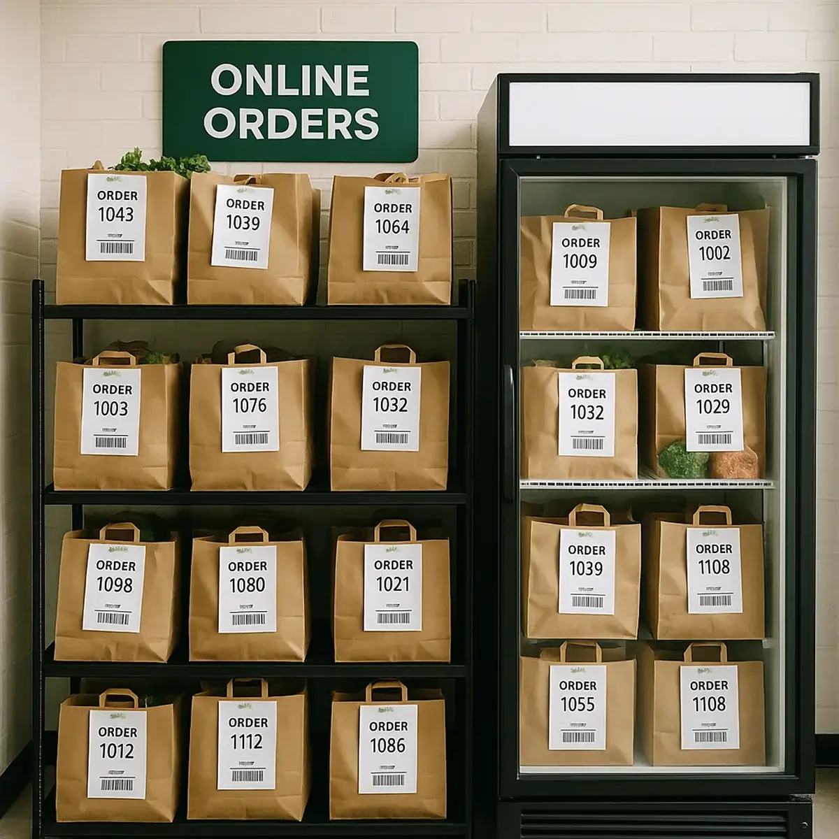 Organized shelves with labeled grocery bags in storage area